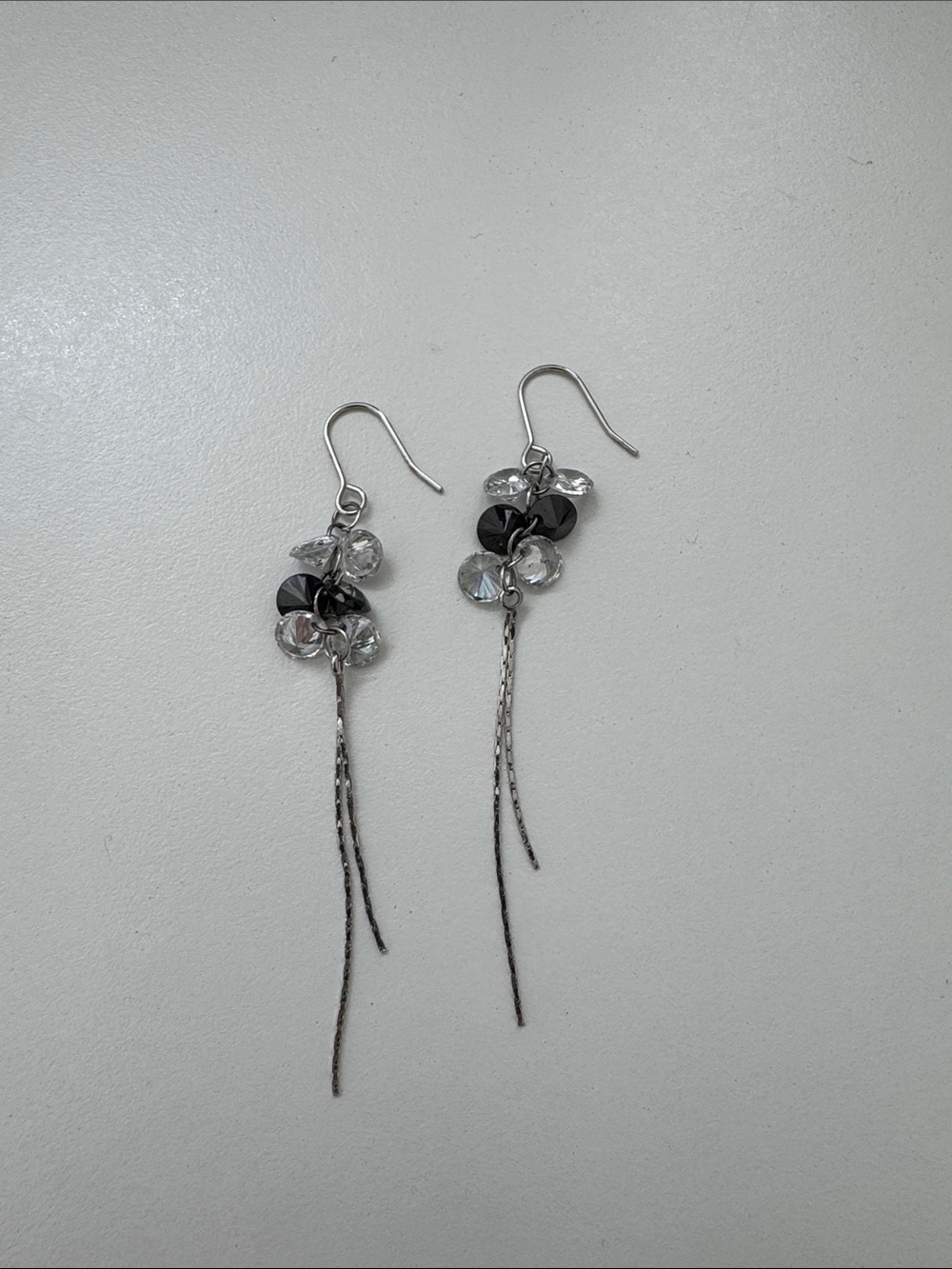 Silver Drop Cluster Earrings with Black and Clear Beads